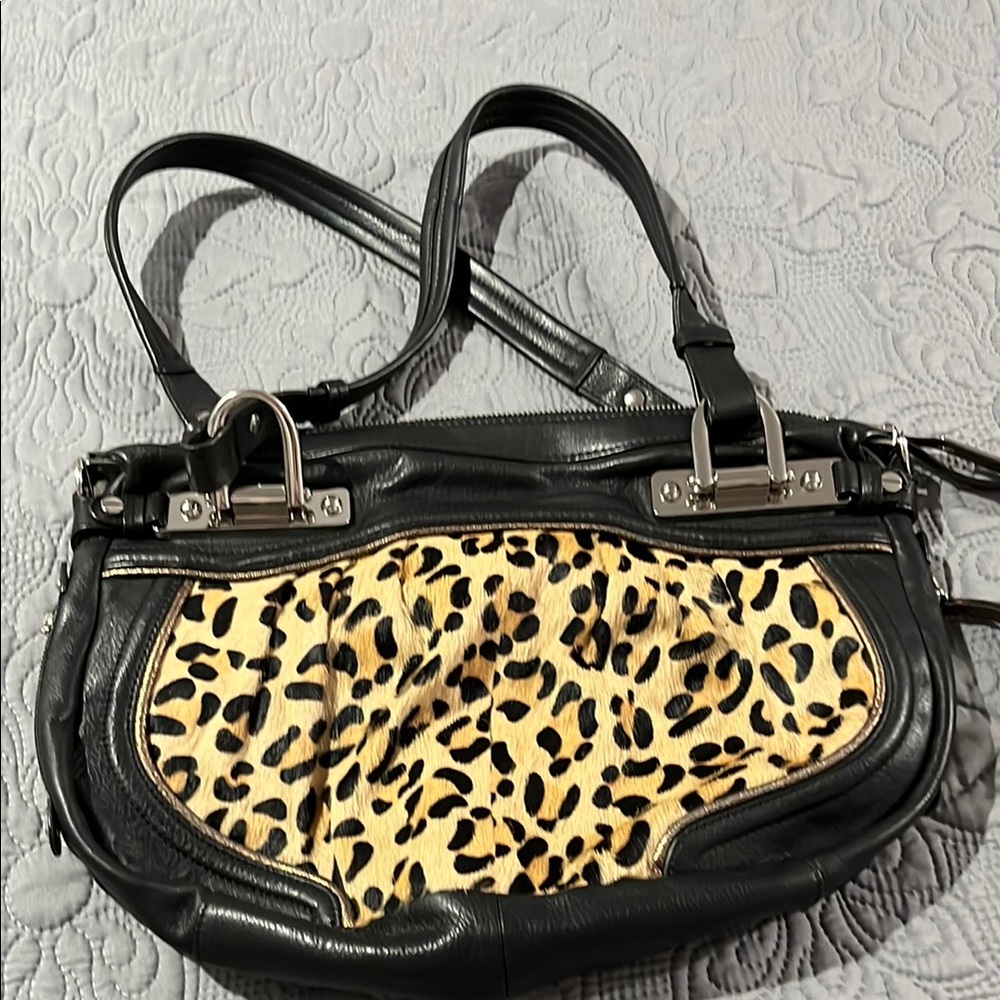 B. Makowsky Black and Leopard Print Shoulder Bag